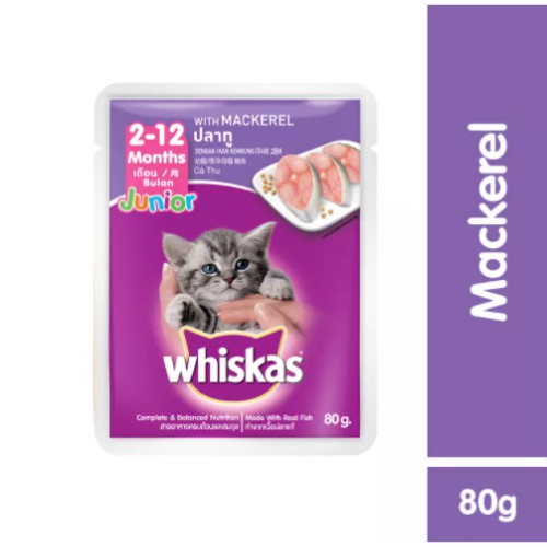 WHISKAS® thức ăn cho mèo con vị cá biển 1.1kg + dạng sốt vị cá ngừ 80g (6 gói) + dạng sốt vị cá thu 80g (6 gói)
