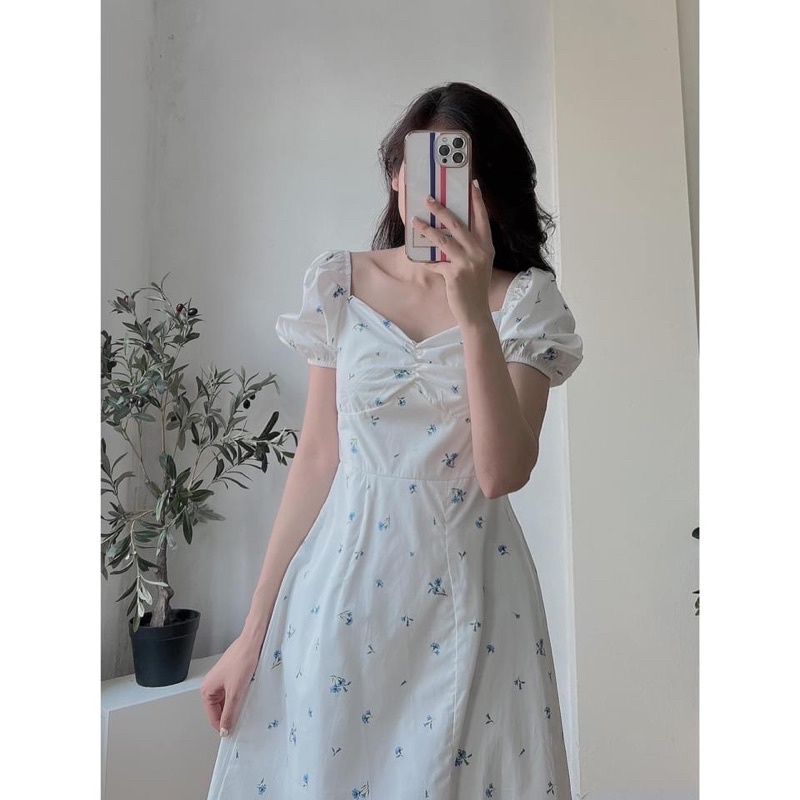 Đầm - Váy thô trắng hoa nhí xanh ngắn tay xẻ đùi DRES422