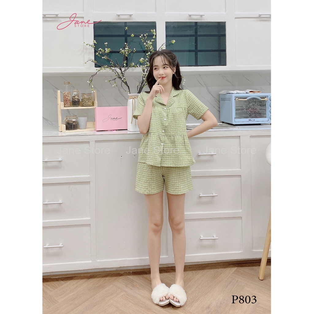 Set Pijama mặc nhà cộc tay Đồ ngủ chất đũi mềm Thoáng Mát Thấm Hút Mồ Hôi Siêu Tốt họa tiết kẻ caro Jane mã P80