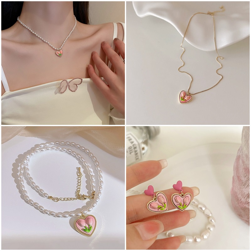 Bộ Vòng cổ + Bông Tai Bằng Hợp Kim Họa Tiết Hoa Tulip Đơn Giản Thời Trang Cho Nữ