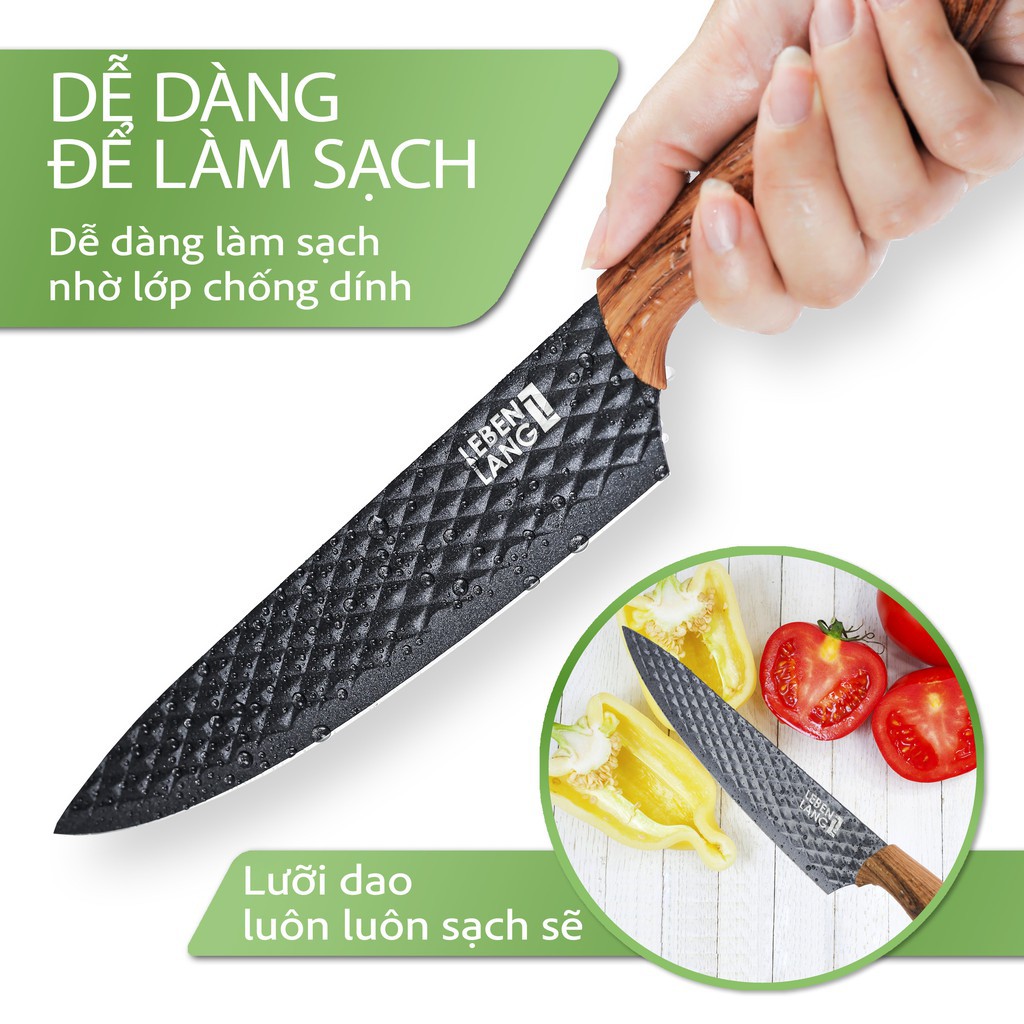 Bộ dao nhà bếp 7 món chính hãng cao cấp chuẩn Đức LebenLang, làm từ thép không gỉ, chống dính đạt tiêu chuẩn an toàn