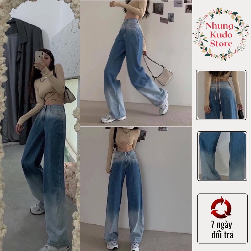 Quần bò jeans loang xanh ống rộng phong cách Hàn Quốc trẻ trung năng động Nhungkudo