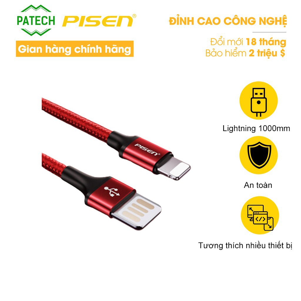 Cáp PISEN Lightning (Double Side) braided 1000mm - Hàng Chính Hãng