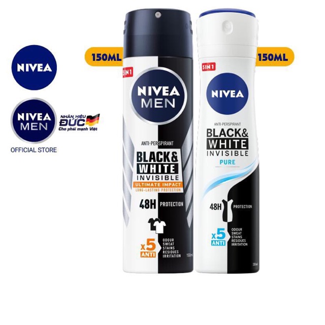 Bộ đôi Xịt ngăn mùi NIVEA Black &amp; White 5in1 ngăn vệt ố vàng vượt trội cho nam &amp; nữ (150ml x2 - 85388+ 82230)