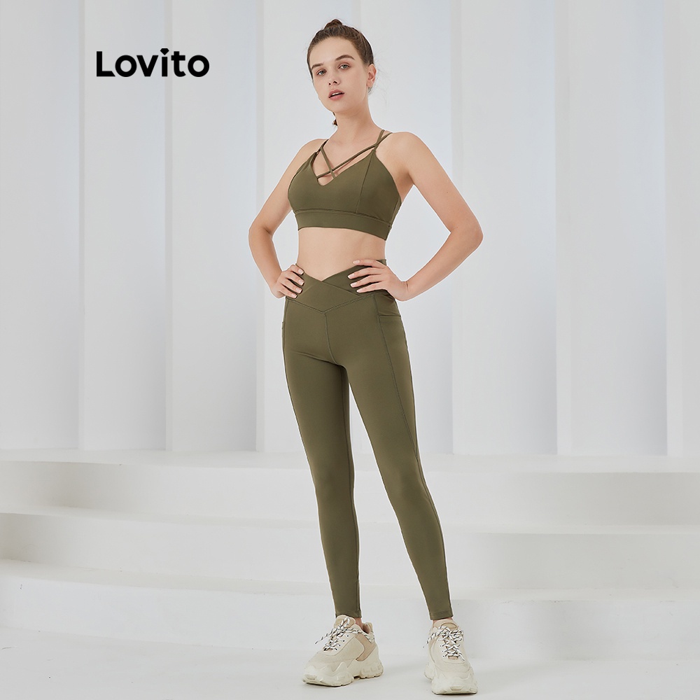 Quần legging Lovito thể thao ôm dáng trơn không lớp lót độ co giãn cao có túi L04019 (Xanh lá)