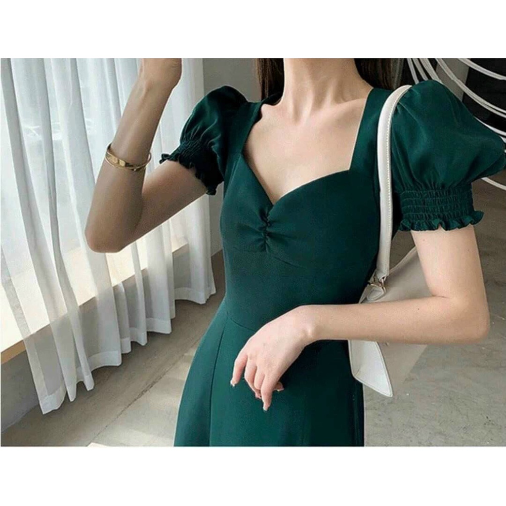 Đầm tiểu thư dáng dài xẻ tà dự tiệc, đầm suống dáng dài cổ v có mút phối tay phồng tà xẻ dài sexy