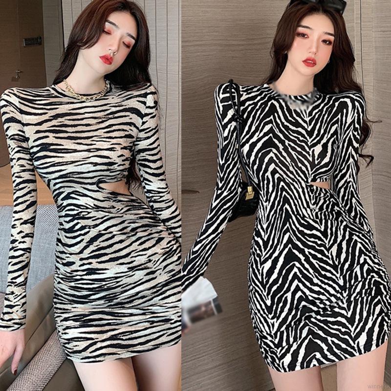 Đầm ôm cổ tròn họa tiết sọc ngựa vằn phong cách Hàn Quốc gợi cảm cho nữ | BigBuy360 - bigbuy360.vn