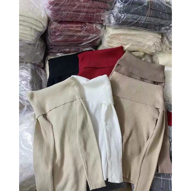 Áo len dệt kim trễ vai kiểu băng quấn