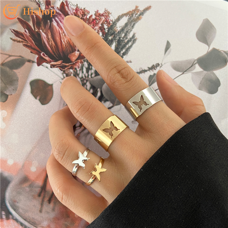 Hishop Set nhẫn cho cặp đôi họa tiết bướm phong cách punk phụ kiện thời trang có thể điều chỉnh được