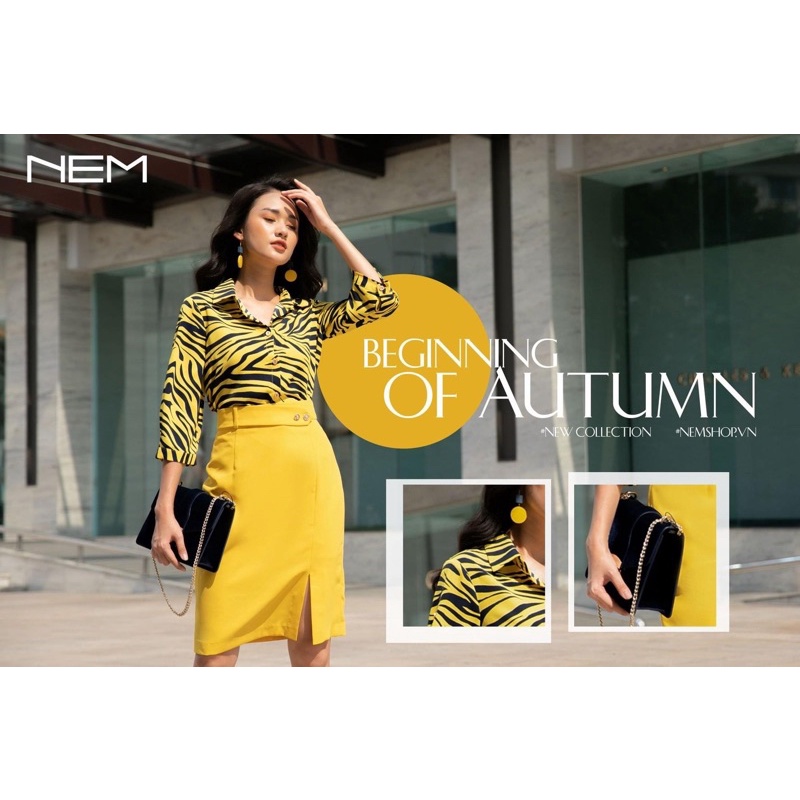 Áo sơ mi màu vàng hoạ tiết xanh dương, size 4, nem fashion