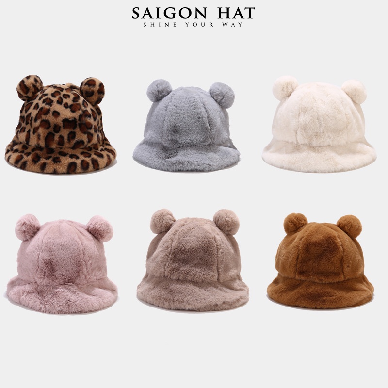 Nón bucket nữ lông mịn mũ tai bèo tai gấu dễ thương chuẩn form đẹp thời trang thu đông phong cách Hàn Quốc