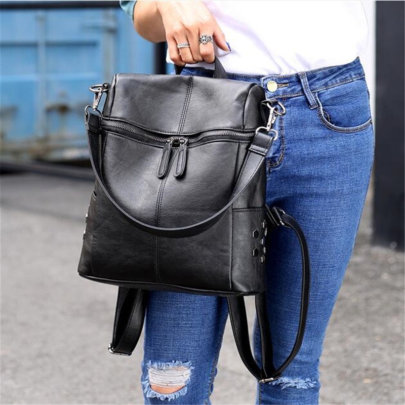 Women Leather Backpacks for Teenage Girls School Bags Fashion Vintage Solid Black Shoulder Bag Youth