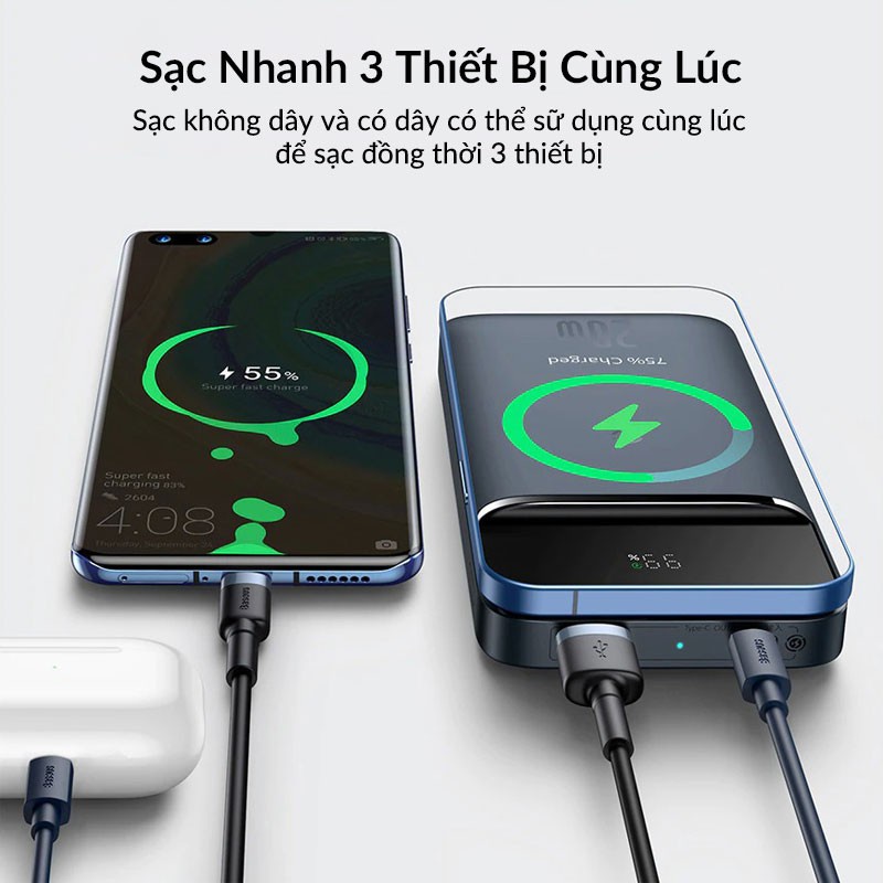 Sạc dự phòng Không Dây Baseus Dung Lượng 10.000mAh Sạc Nhanh 20w cho iPhone 12 Chính Hãng Baseus