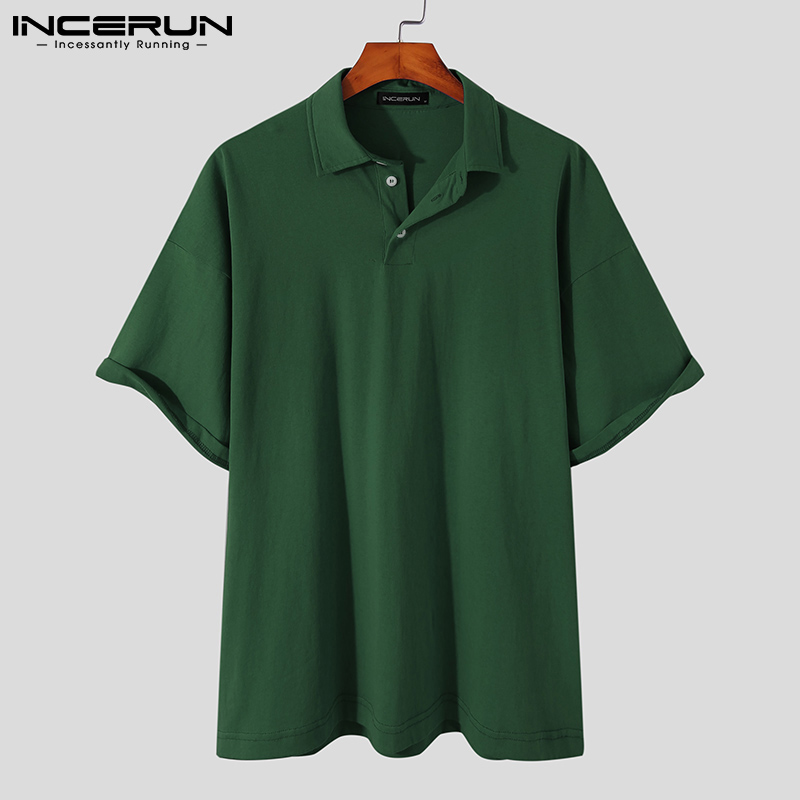 Áo INCERUN Cotton Tay Ngắn Màu Trơn Cổ Bẻ Thời Trang Đơn Giản Cho Nam