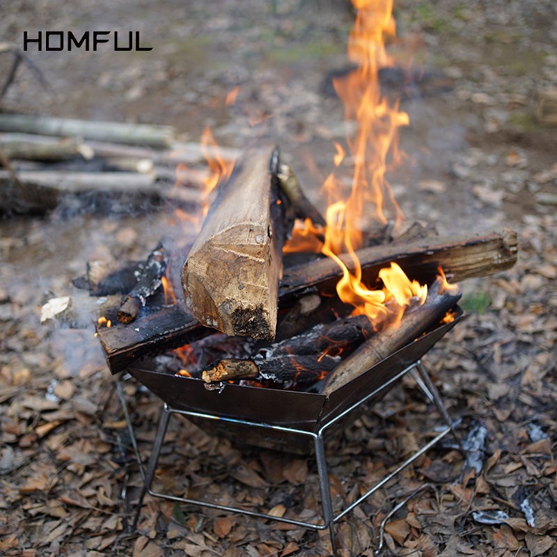HOMFUL 【COD】Cắm trại ngoài trời bằng thép không gỉ Lò nướng BBQ bằng gỗ Hình lục giác Bàn lửa gấp Di động BBQ OT0036