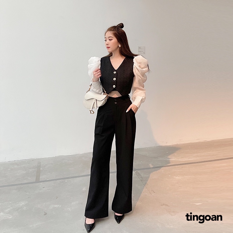 Áo tweed crop tay phối tơ vai bồng đen TINGOAN IN PARIS TWEED TOP/BL