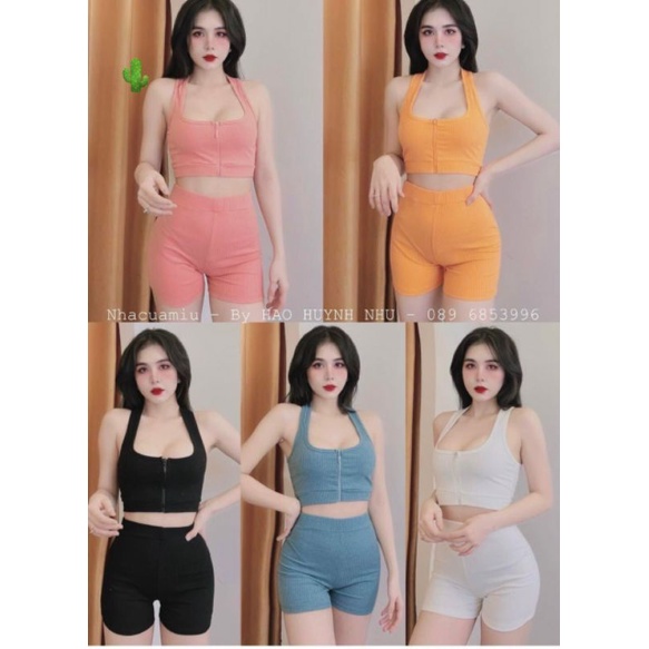 Sét bộ áo zip kéo &amp; quần đùi ôm lưng cao tập gym