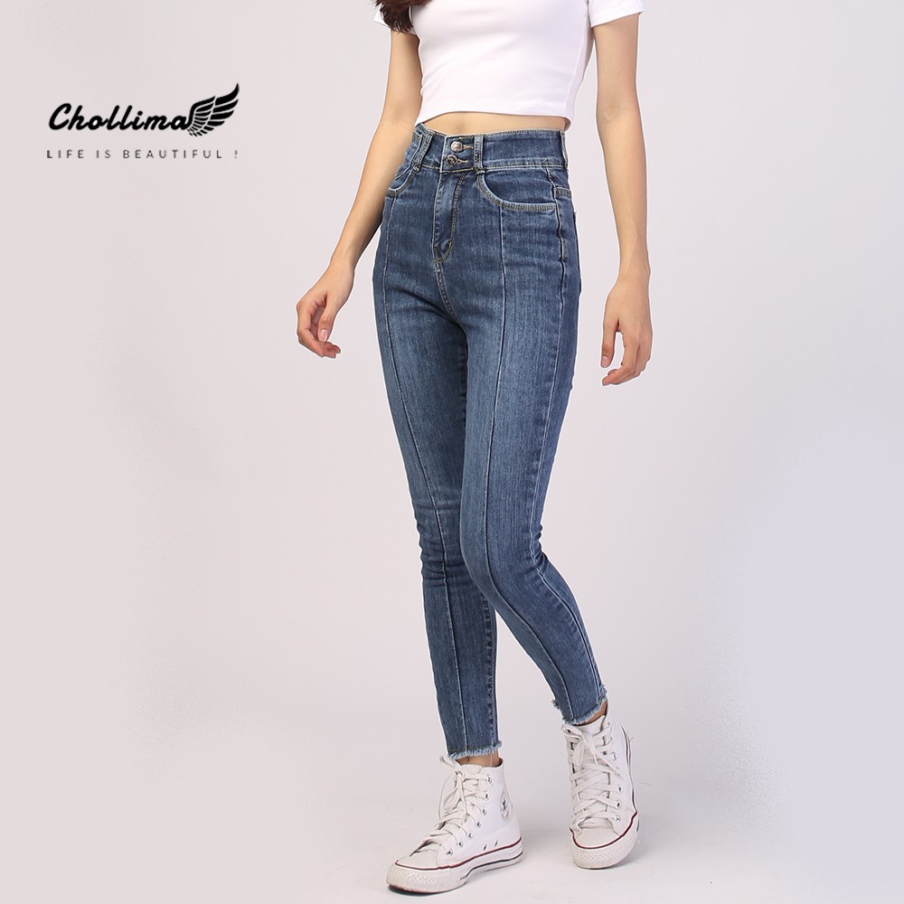 Quần jeans dài nữ co giãn Chollima cạp siêu cao đắp túi đồng hồ QD007 phong cách hàn quốc - Hàng mới về