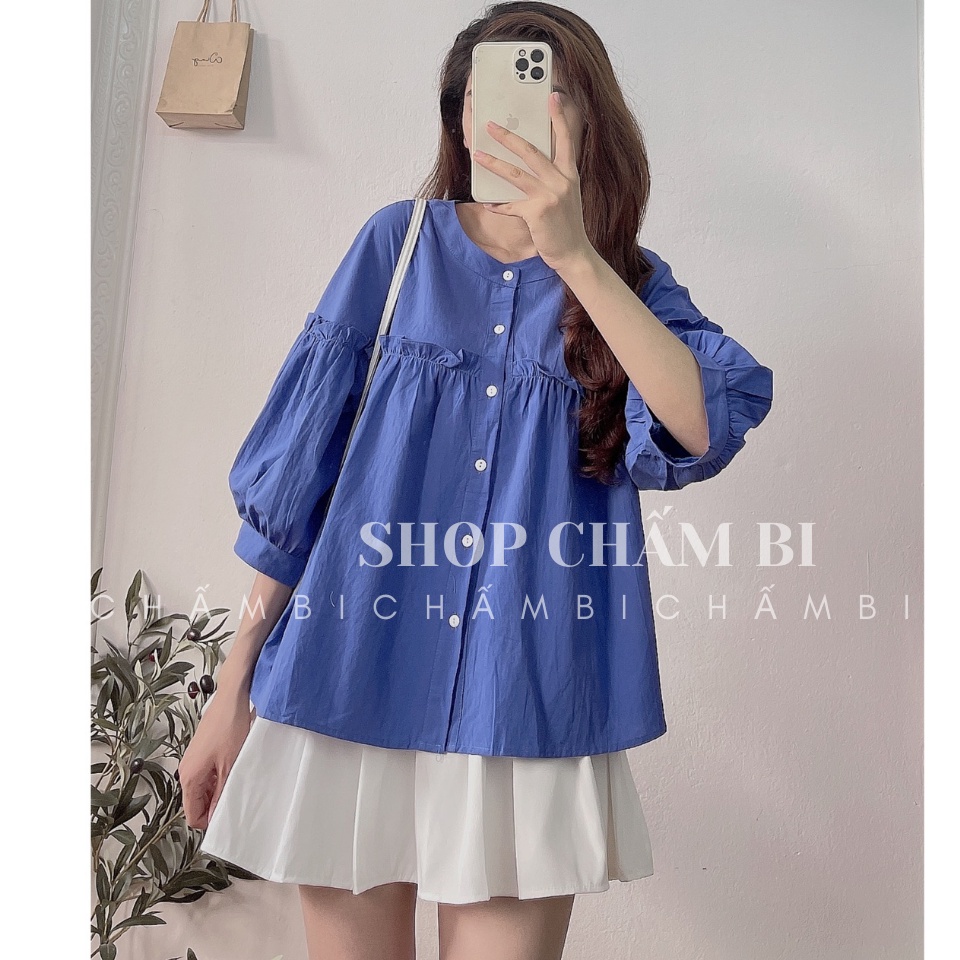 Set kiểu Hàn Quốc S.049, Set áo babydoll cổ tàu bèo ngực trắng cùng quần short nâu | BigBuy360 - bigbuy360.vn