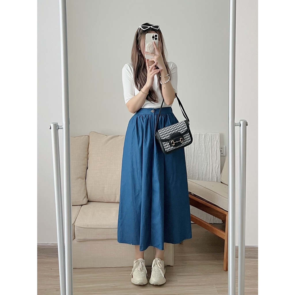 [Ảnh thật/Sẵn] Chân váy jean khuy gỗ cạp chun sau xếp li dáng xòe 2 màu