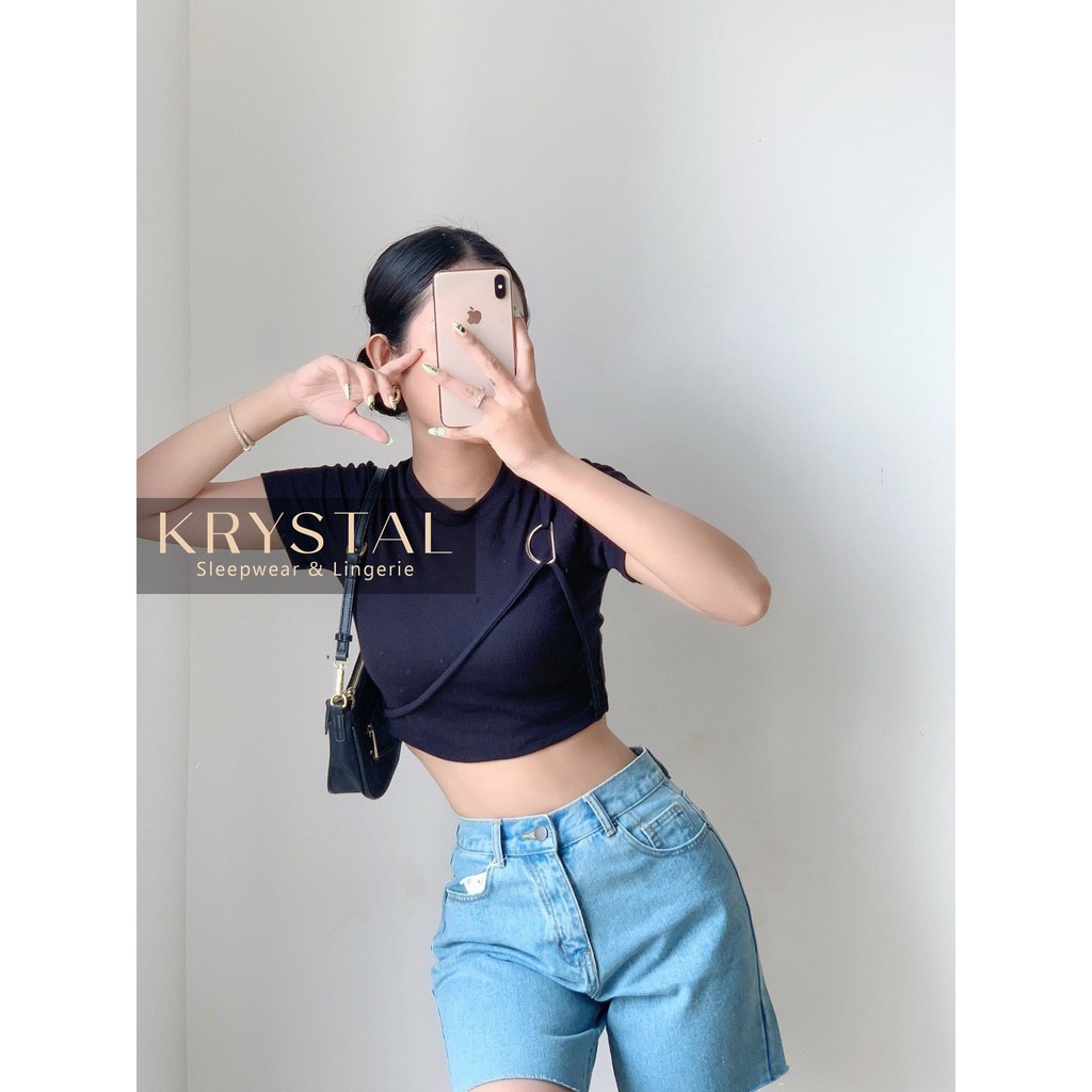 Áo croptop nữ thun tay ngắn có dây chéo ngực ôm body KRYSTAL NK55