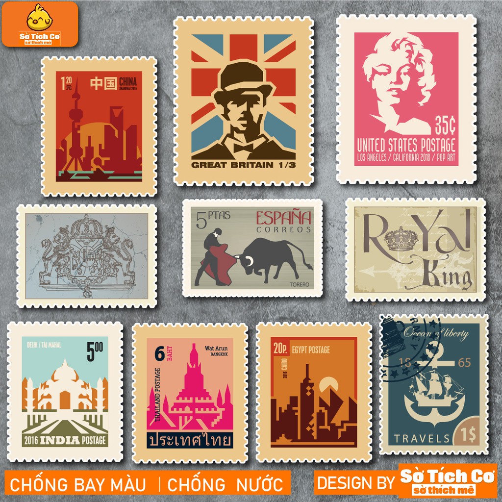 Vintage Stamp chống nước sticker dán laptop, điện thoại, đàn guitar, mũ bảo hiểm, vali. MSP: NS31