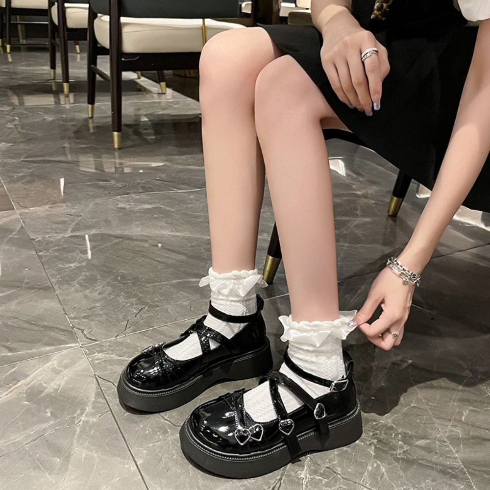 Giày MWC 2272 - Giày Lolita Da Bóng Đế Cao, Giày Mary Jane Ulzzang Mũi Tròn 5cm Phối Khóa Nữ Tính