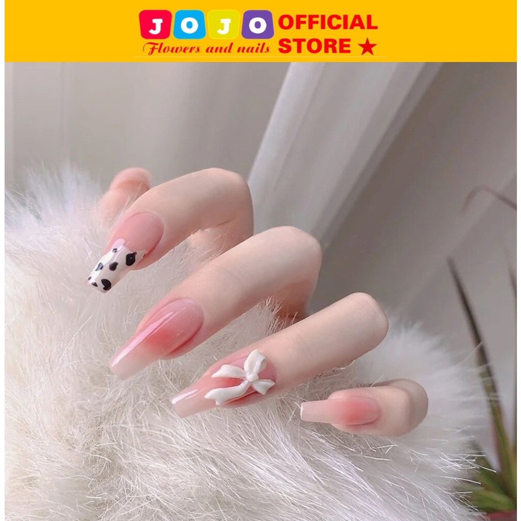 Móng tay giả đính nơ X34 Jojo vuông dài móng tay giả đính đá kèm keo cao cấp