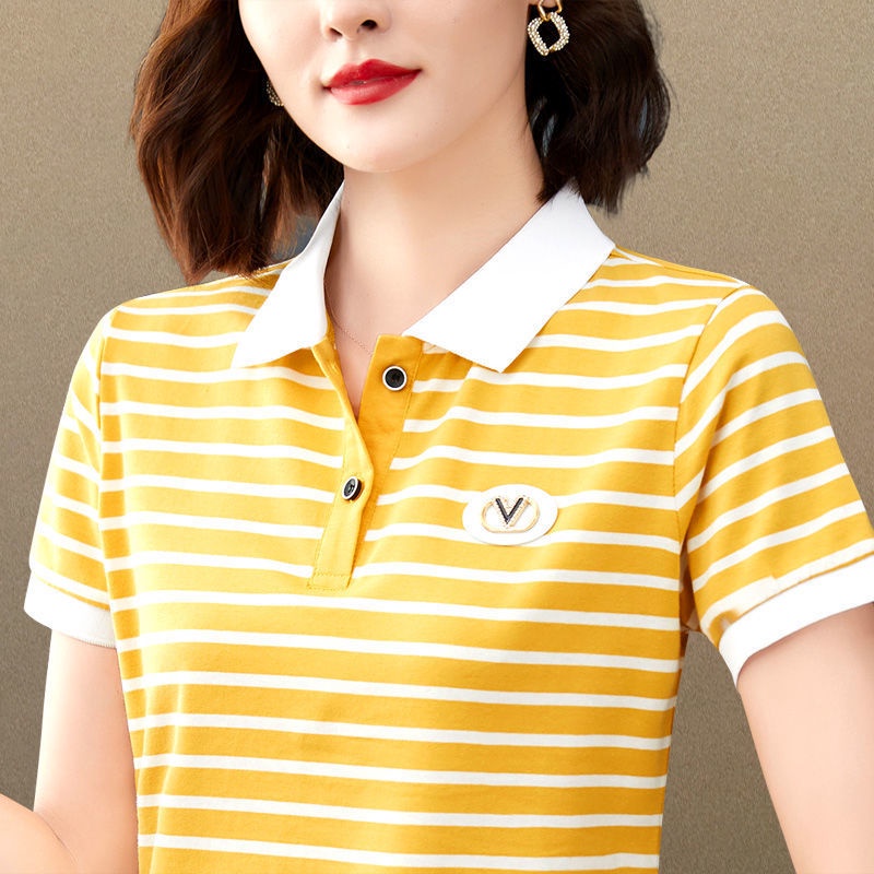Áo polo Cotton Ngắn Tay Họa Tiết Kẻ Sọc Thời Trang Mùa Hè Cho Nữ