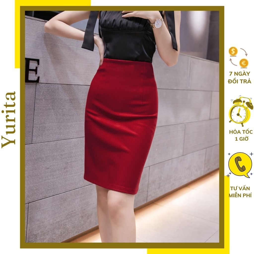 Chân Váy Công Sở Bút Chì Dài Tới Gối Màu Đỏ YURITA From Ôm Lưng Thun Cạp Cao Cá Tính Kiểu Vintage, Ulzzang Đẹp MCV222