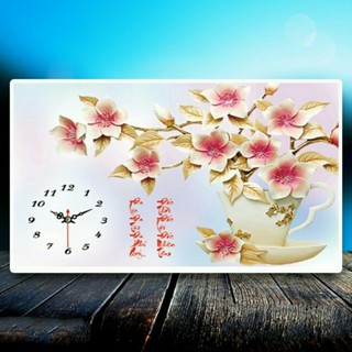 tranh đính đá Hoa khai phú quý đồng hồ 60x45cm - LV165