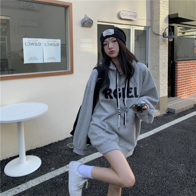 Áo hoodie màu xám Mỹ có mũ trùm đầu dây rút lỏng in áo khoác mùa thu năm 2021 mới