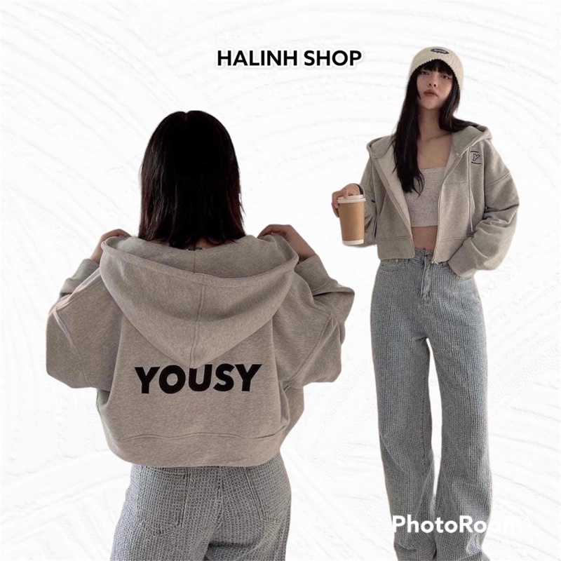 Áo Nỉ Yousy Croptop Mũ Dây Rút - Halinh Shop - Áo Khoác Nỉ Có Mũ Khoá Kéo Dây Rút Tay Bo Phom Rộng Hàn Quốc S M