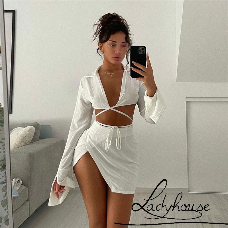 Bộ Áo Cardigan Tay Dài + Chân Váy Xẻ Tà Màu Trơn Thời Trang Gợi Cảm Cho Nữ