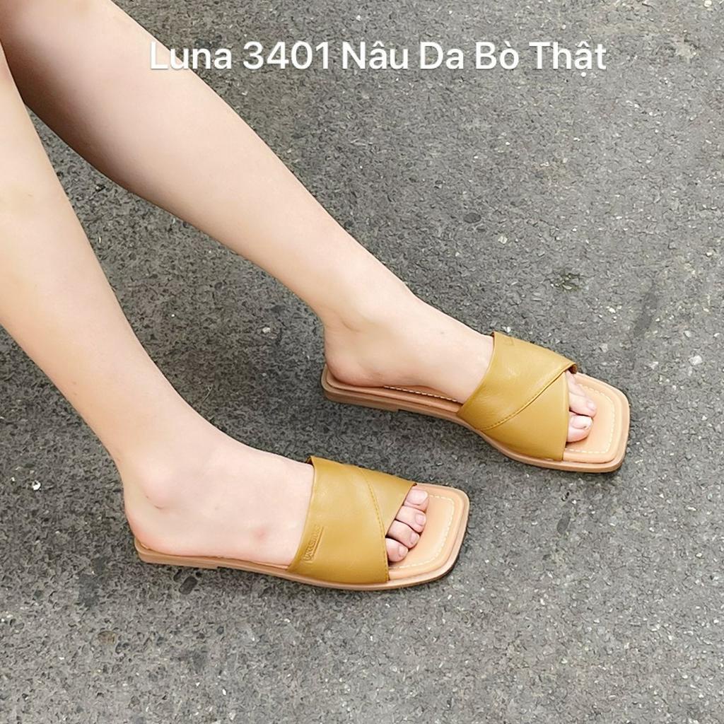 Dép quai ngang nữ đế bệt LUNASHOES 3401 mũi hở da bò thật êm chân chống nước phối đồ hàng ngày