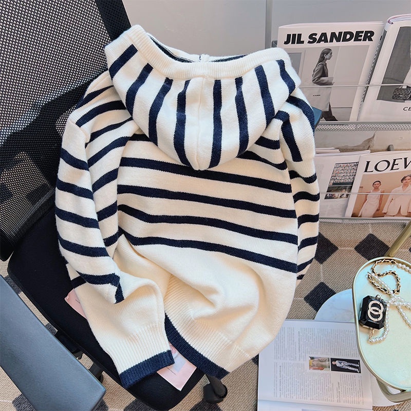 Áo Hoodie Dệt Kim Dáng Rộng Họa Tiết Kẻ Sọc Thời Trang Thu Đông Phong Cách Mới Cho Nữ