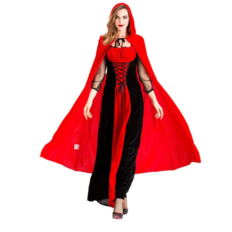 Trang Phục Hóa Trang Halloween Nữ Hoàng Ma Cà Rồng Màu Đỏ Đen Có Áo Choàng Đỏ Cho Nữ