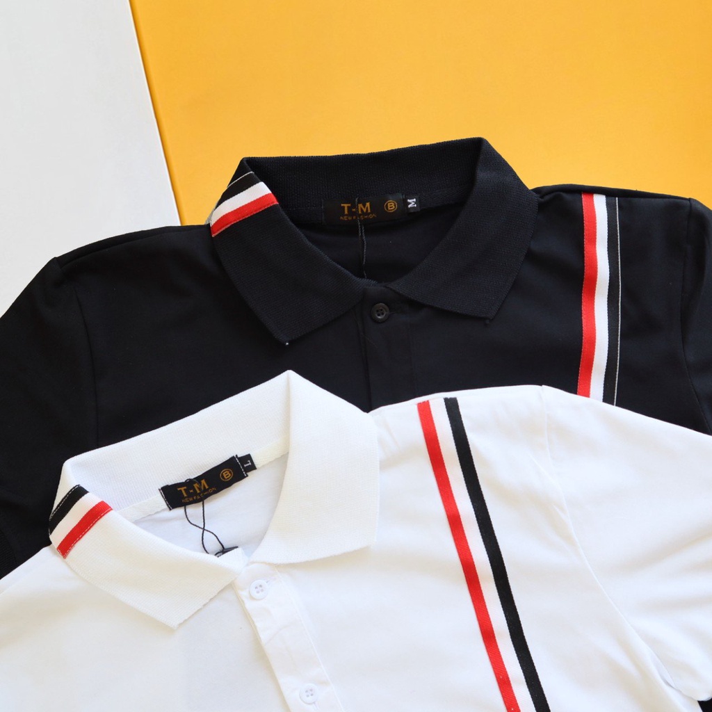 Áo phông nam có cổ, chất cotton, kẻ vạt chéo, có 2 màu đen và trắng, co giãn 4 chiều, kiểu dáng body,form slimfit