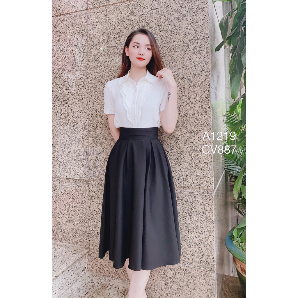 Chân váy xòe công sở dáng dài có túi 2 bên thiết kế sang chảnh, Xòe phồng 6 li d68cm