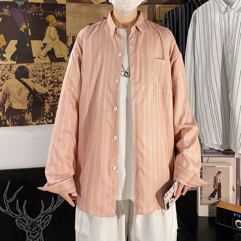 Áo sơ mi cổ đứng tay dài dáng rộng kẻ sọc thoáng khí chống nhăn chất lượng cao cho nam