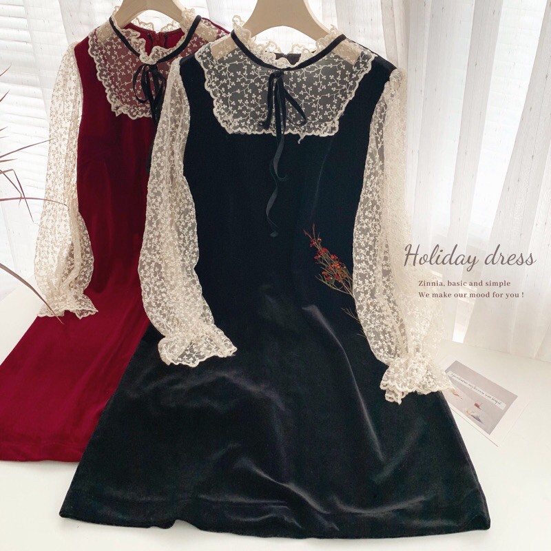 Váy nhung cổ nơ ren thêu hoa/Holiday item