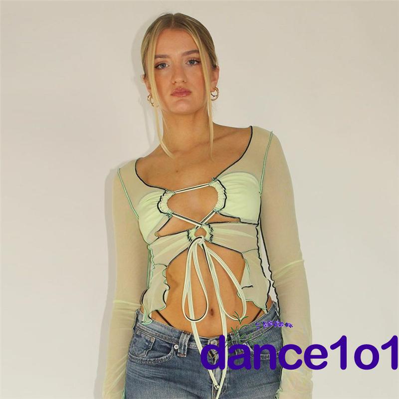 ♧Rd♥Áo Crop Top Tay Dài Khoét Lỗ Thời Trang Dành Cho Nữ