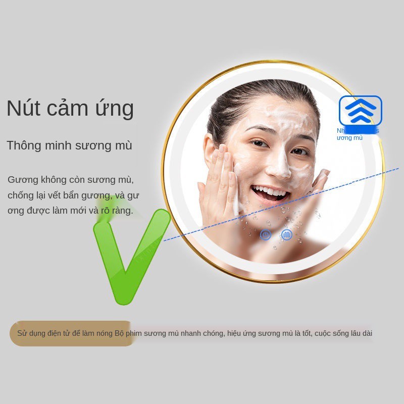❐⊙Gương phòng tắm thông minh chống sương mù phong cách Bắc Âu khung tròn nhôm có đèn led với trang điểm nhẹ treo