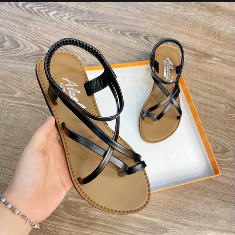 Giày Sandal Dây Đan Chéo Xỏ Ngón Nữ Đế May Viền