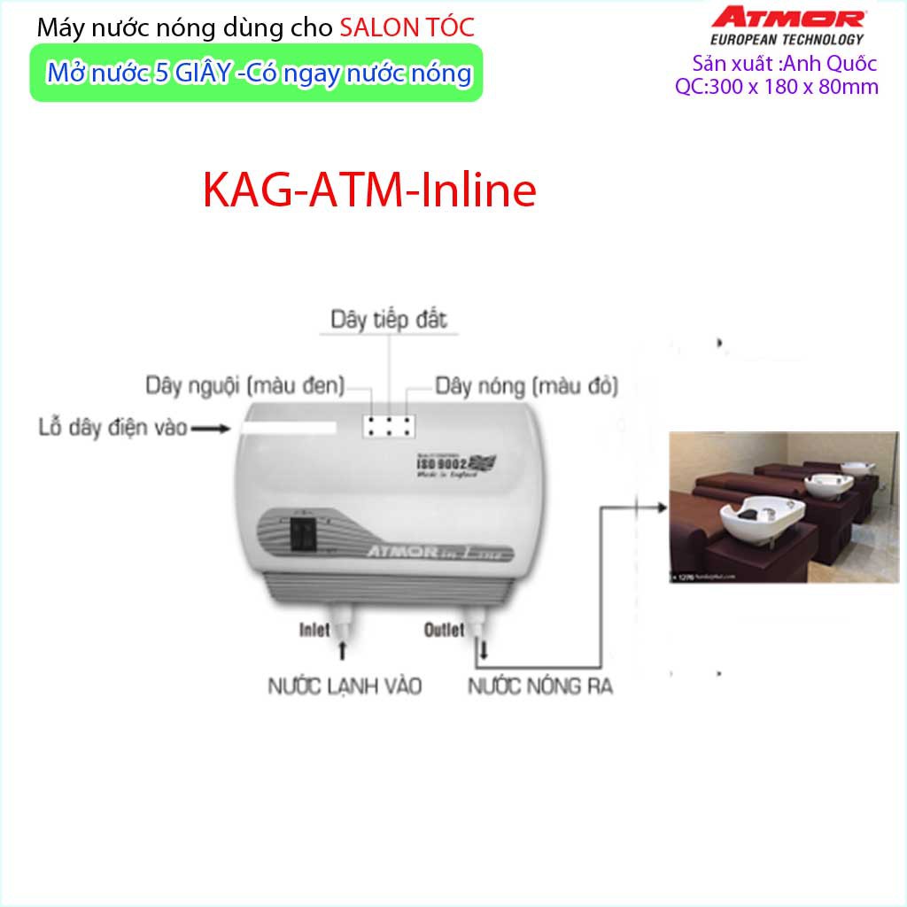Máy nước nóng dùng cho Salon tóc KAG-ATM-Inline, 1 máy nước nóng Atmor cho nhiều ghế gội  sử dụng tốt siêu bền