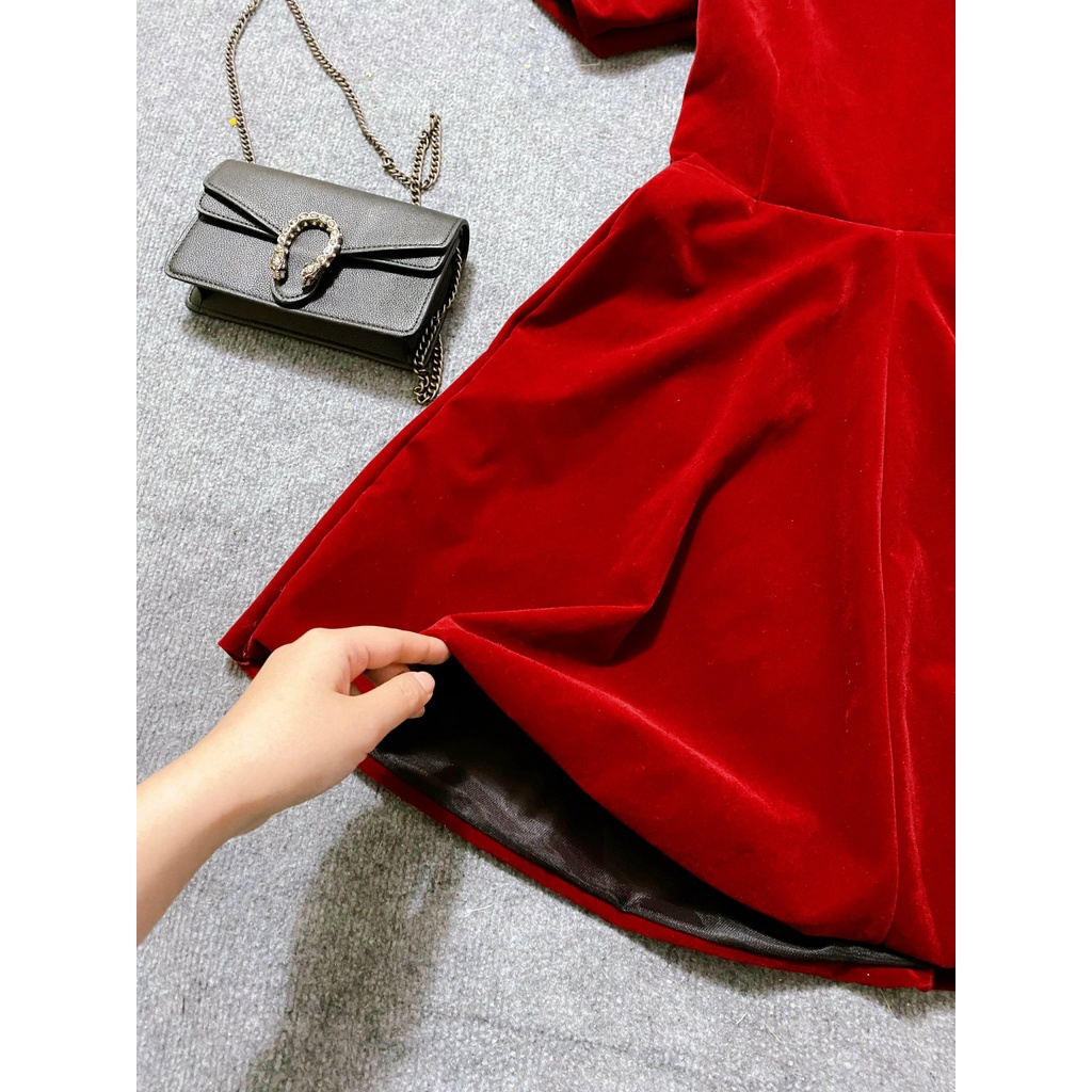Đầm nữ - Váy nhung đỏ 2 lớp cổ vuông tay bồng siêu cute