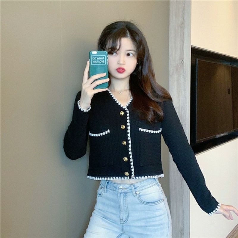 Áo khoác cardigan thun len cổ tim phong cách hàn quốc 2021