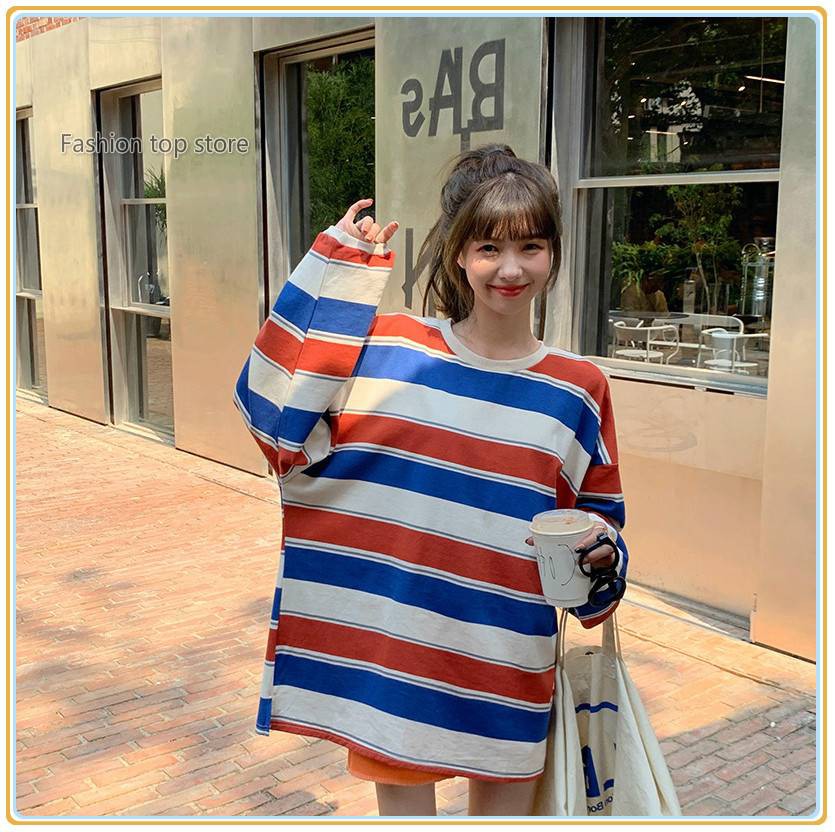 Áo Thun Nữ Tay Dài Kẻ Sọc Ngang Phối Màu Thời Trang