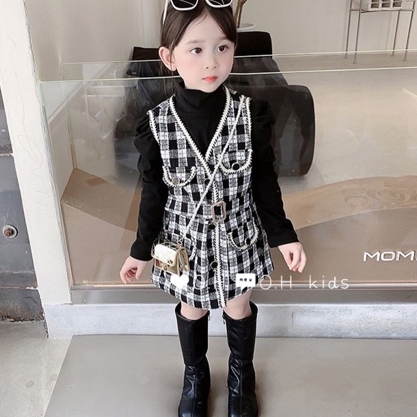 Bộ váy dạ bé gái , Vay dạ bé gái dáng dài chất dạ đan dày dặn phối viền cho bé gái từ 10 - 34 kg