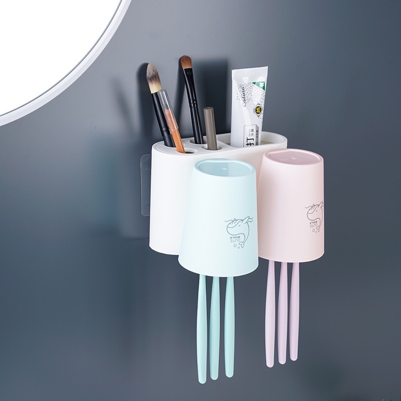 Kệ để bàn chải đánh răng cọ trang điểm dán tường nhà tắm TẶNG KÈM 2 CỐC, Giá để bàn chải đánh răng 0865